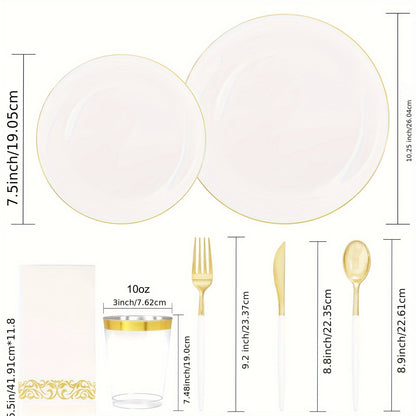 700pcs Golden Disposable Dinnerware Set, White Plastic Plates, Disposable Heavy Duty Tableware Set, Include 100 Golden Dinner Plates, 100 Dessert Plates, 300 Rolled Napkins With Golden Plastic Cutlery, 100 Plastic Cups, Party