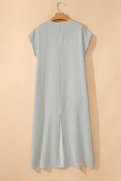 Black Stripe Frilled Detail Half Buttons Short Sleeve Long Dress