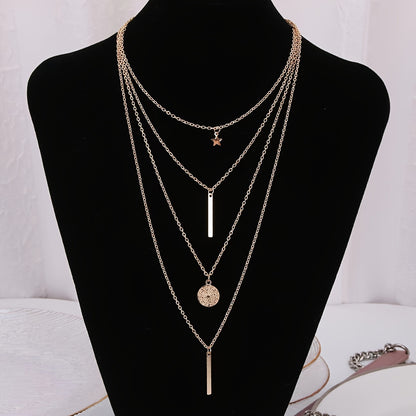 1 Modische, mehrlagige Halskette mit rundem Sternanhänger für Damen – Elegantes Accessoire, trendig