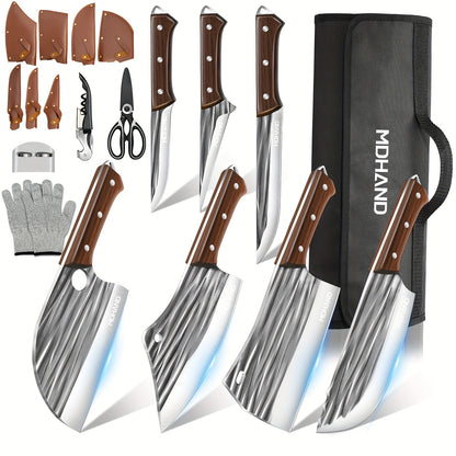 Professional 14pcs Kitchen Chef Knife Set Includes Roll Bag 3-7 Inch, Butcher, Cleaver, Boning, Utility, Splitting Knives for Meat Cutting Fruit Vegetable, High Carbon Stainless Steel Ultra Sharp, with Ergonomic Wood Handle,