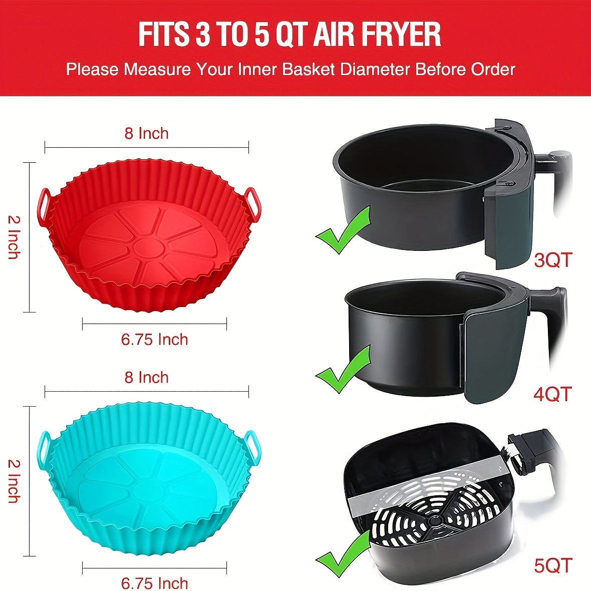 2pcs Square/rotundity Silicone Air Fryer Liner -8 Inches Reusable Air Fryer- Air Fryer Accessories - Air Fryer Insert for 4 to 7 QT Ovens And Microwave Accessories (red+blue), Air Fryer Oven Accessories, Chefman Air Fryer Acc