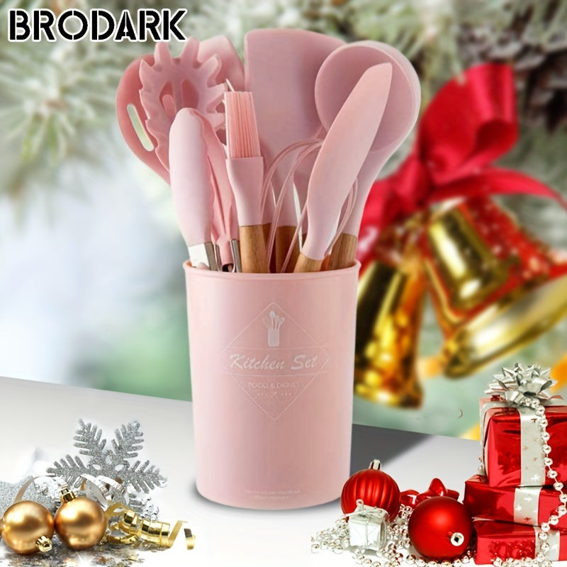 12pcs/set, Brodark, Silicone Cooking Utensils Set With Wooden Handle, Colorful Non-stick Pot Special Cooking Tools Set, Heat Resistant Turner, Tongs, Spatula, Spoon, Oil Brush And Whisk, Kitchen Supplies, Suitable For Restaur