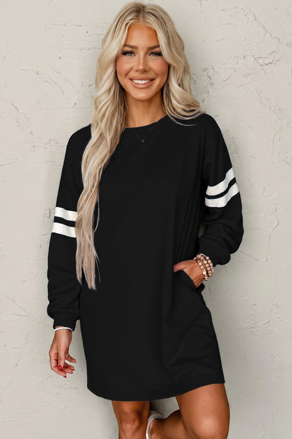 Black Varsity Contrast Banded Sleeve Shift Sweatshirt Dress
