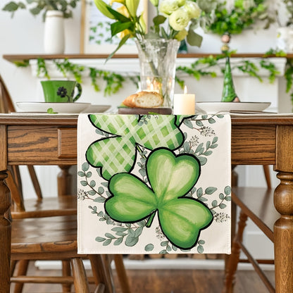 1pc, Linen Table Runner, Shamrocks Eucalyptus Buffalo Plaid Table Runner, Heart Shamrock St. Patrick's Day Table Runner, Seasonal Spring Holiday Kitchen Dining Table Decoration For Indoor Outdoor Home Party Decor