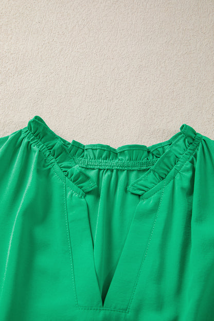 Bright Green Solid Color V Neck Short Puff Sleeve High Waist Tiered Maxi Dress