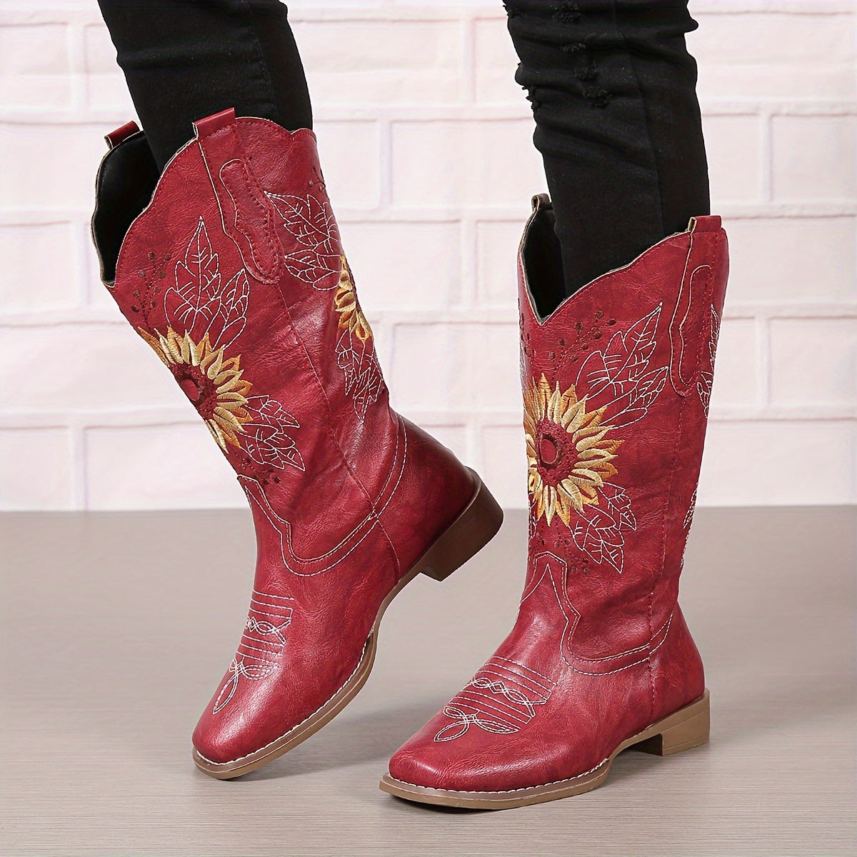 Bestickte Westernstiefel für Damen, mittelhoch, aus Kunstleder, Damenschuhe