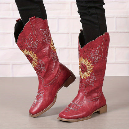 Bestickte Westernstiefel für Damen, mittelhoch, aus Kunstleder, Damenschuhe