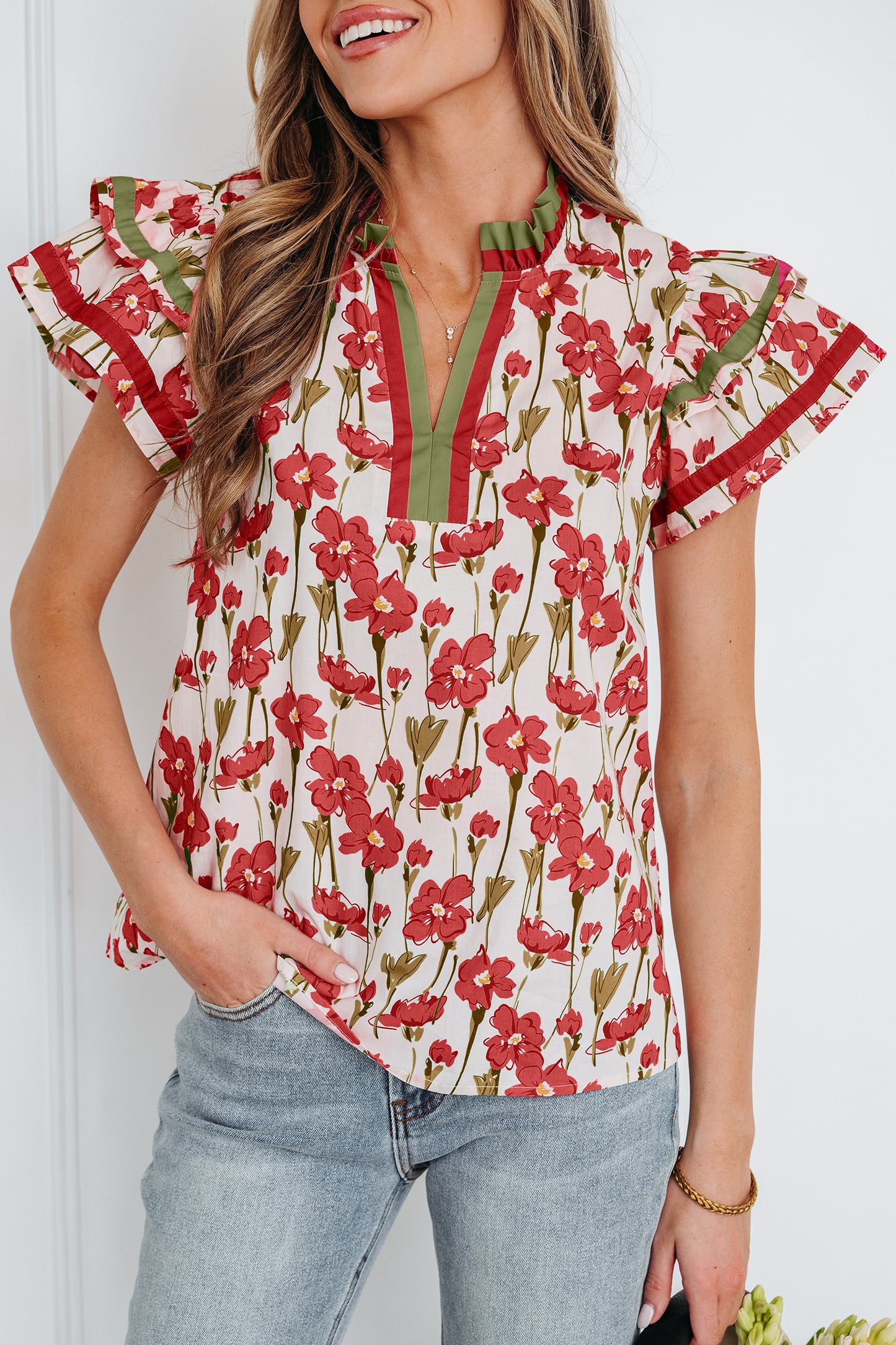 Pink Floral Print Contrast Trim V Neck Double Ruffled Short Sleeve Blouse