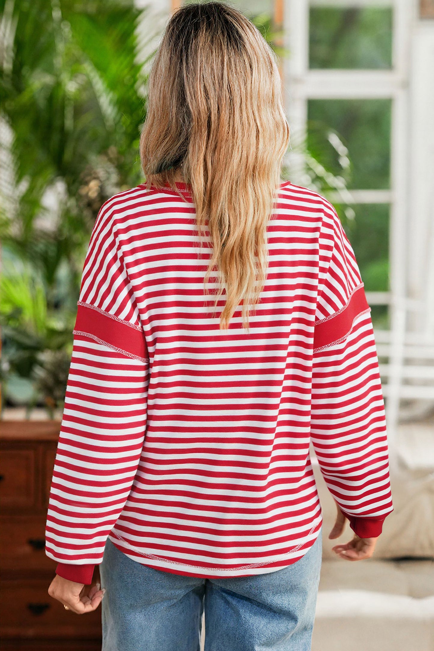 Red Stripe Exposed Seam V Neck Balloon Sleeve Pullover