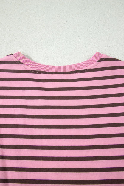 Rose Stripe Striped V-Neck Ribbed Collar Cuff Gathering Puff Sleeve Top