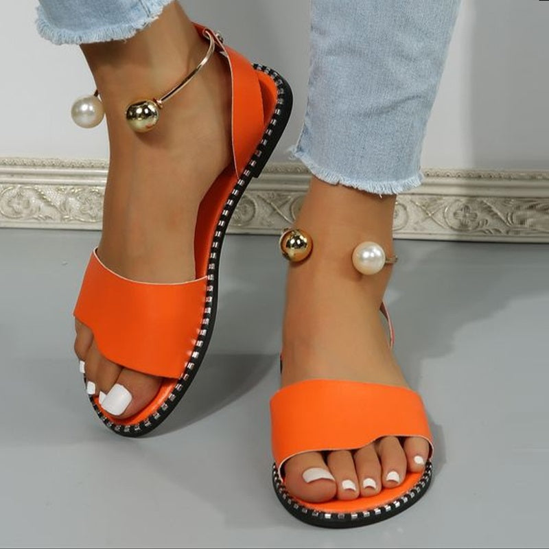 Sandales plates pour femmes, chaussures de plage à perles unies, mules à bride arrière pour la Fête du Roi