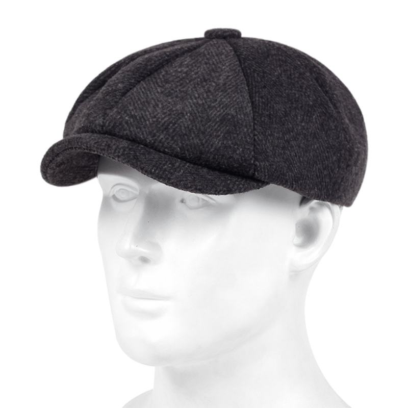 Retro-Schiebermütze im Fischgrätmuster für Herren – Schwarze, lässige Baskenmütze im Vintage-Stil, aus gestricktem Polyester, perfekt für Valentinstag und als Alltagsmütze | Vintage-Schiebermütze | Strickstruktur