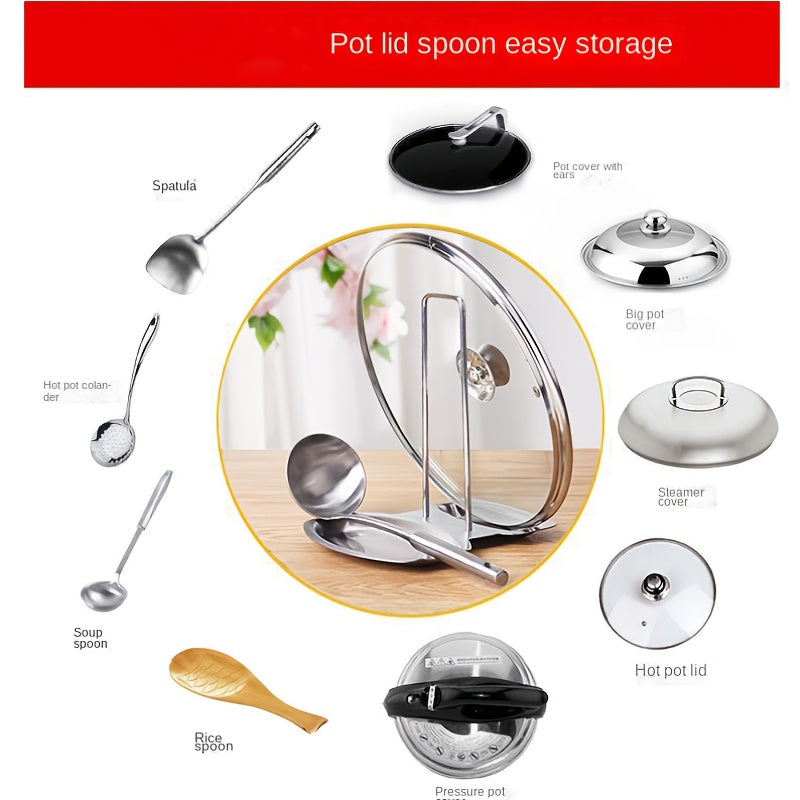 1pc Stainless Steel Pot Cover Rack, Household Kitchen Storage Rack, Pot Cover Storage Tray, Spoon Rack, Table Top, Seated With Tray
