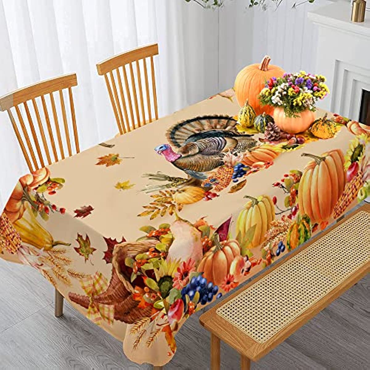 1pc Premium Thanksgiving Tablecloth - Vibrant Turkey & Pumpkin Pattern - Waterproof Oilproof, Washable - Rectangular Kitchen Dining Decor for Unforgettable Harvest Parties