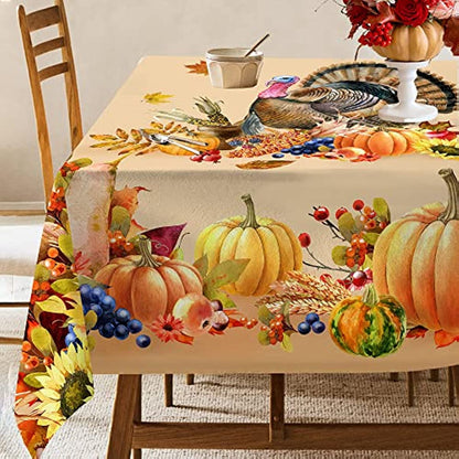 1pc Premium Thanksgiving Tablecloth - Vibrant Turkey & Pumpkin Pattern - Waterproof Oilproof, Washable - Rectangular Kitchen Dining Decor for Unforgettable Harvest Parties