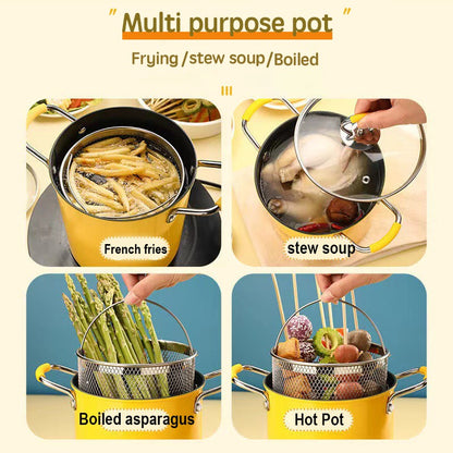 1pc YIMUWN Tempura Frying Pot - Small, Less-Oily Smoke, Fine Iron Uncoated, Ideal for Induction & Gas Stoves, Kitchen Cookware|Smokeless Cooking|Fine Mesh Frying