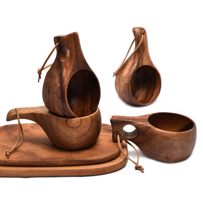 Handmade Wooden Milk Cup Acacia Wood Coffee Mugs with Carrying Rope Handle Camping Drinkware Cups Artifact Kitchen Tools