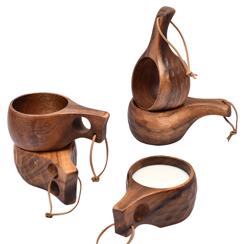 Handmade Wooden Milk Cup Acacia Wood Coffee Mugs with Carrying Rope Handle Camping Drinkware Cups Artifact Kitchen Tools