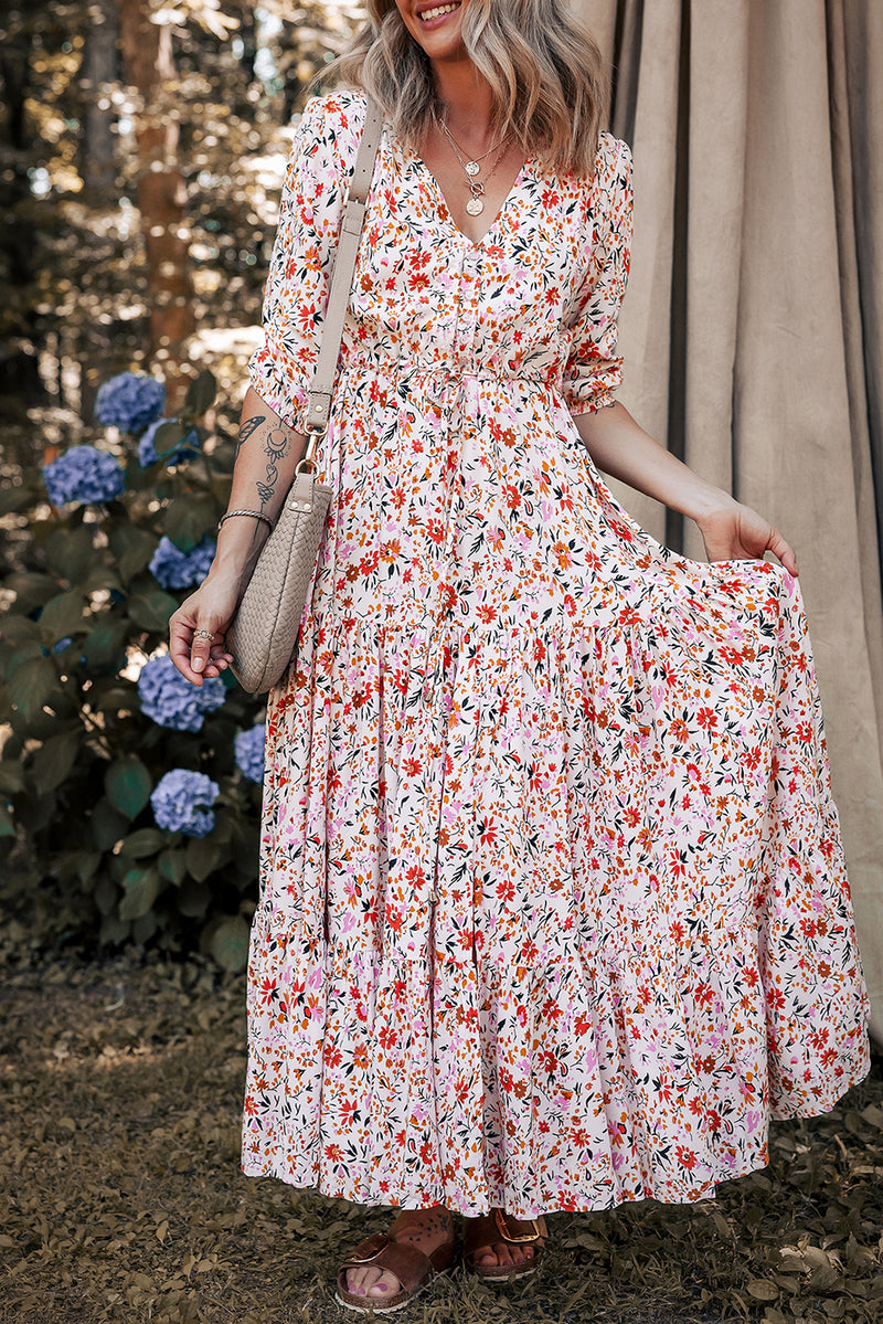 Red Boho Half Sleeve Floral V Neck Maxi Dress