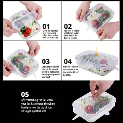 6pcs Silicone Stretch Lids - Reusable & Washable Bowl Covers, Fits Various Sizes of Food Containers, Kitchen & Dining Essentials