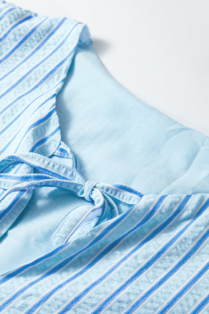 Sky Blue Stripe Bow Knot Textured Short Puff Sleeve Babydoll Blouse