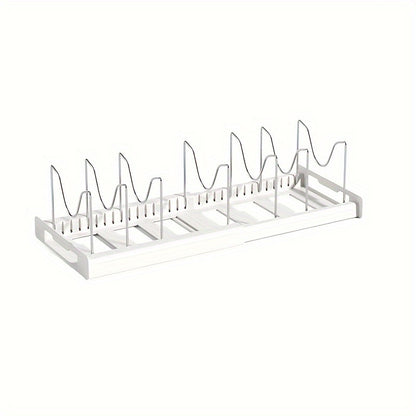 [1pc Adjustable Pot Organizer Rack] 1pc Expandable Stainless Steel Pot Organizer Rack with Adjustable Dividers, Uncharged Multi-Purpose Kitchen Cabinet Cookware Storage Solution for Pots and Pans Organization