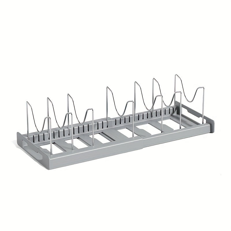 [1pc Adjustable Pot Organizer Rack] 1pc Expandable Stainless Steel Pot Organizer Rack with Adjustable Dividers, Uncharged Multi-Purpose Kitchen Cabinet Cookware Storage Solution for Pots and Pans Organization