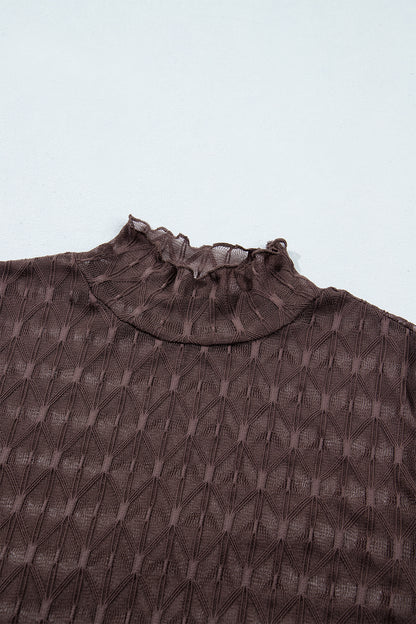Chicory Coffee Sheer Textured Lace Stand Neck Long Sleeve Top