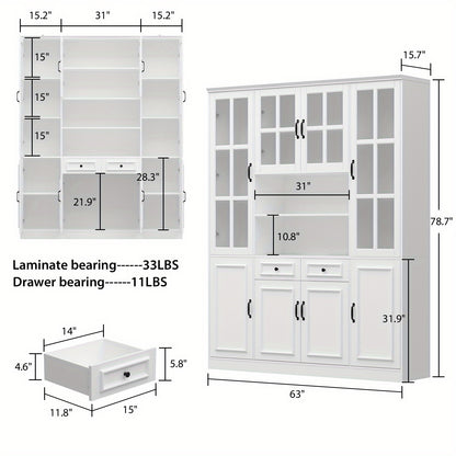 1pc Large Kitchen Hutch Storage Cabinet Sideboard With Hutch & Glass Doors, Pantry Cabinet And Kitchen Storage, Drawers & Shelves And Doors, For Hallway White (63''W X 15.7''D X 78.7''H)