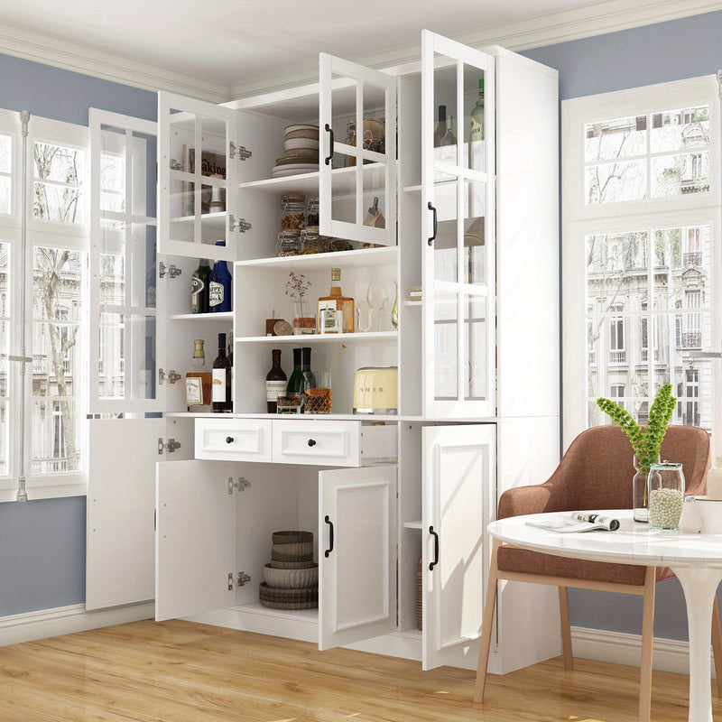 1pc Large Kitchen Hutch Storage Cabinet Sideboard With Hutch & Glass Doors, Pantry Cabinet And Kitchen Storage, Drawers & Shelves And Doors, For Hallway White (63''W X 15.7''D X 78.7''H)