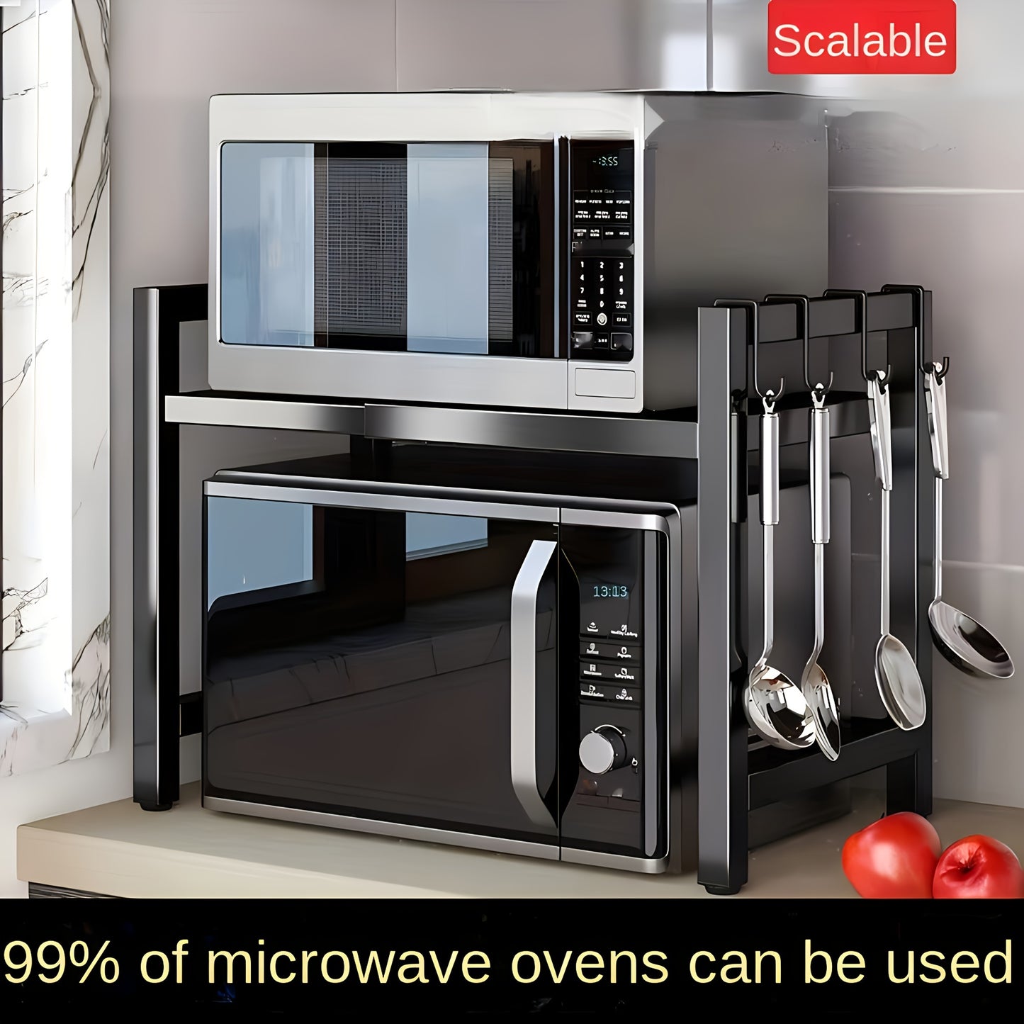 Expandable Over-The-Microwave Shelf, Heavy Duty Carbon Steel Kitchen Storage Rack with 6 Hooks, Sturdy Countertop Organizer for Microwave Oven, Utensils, Spices