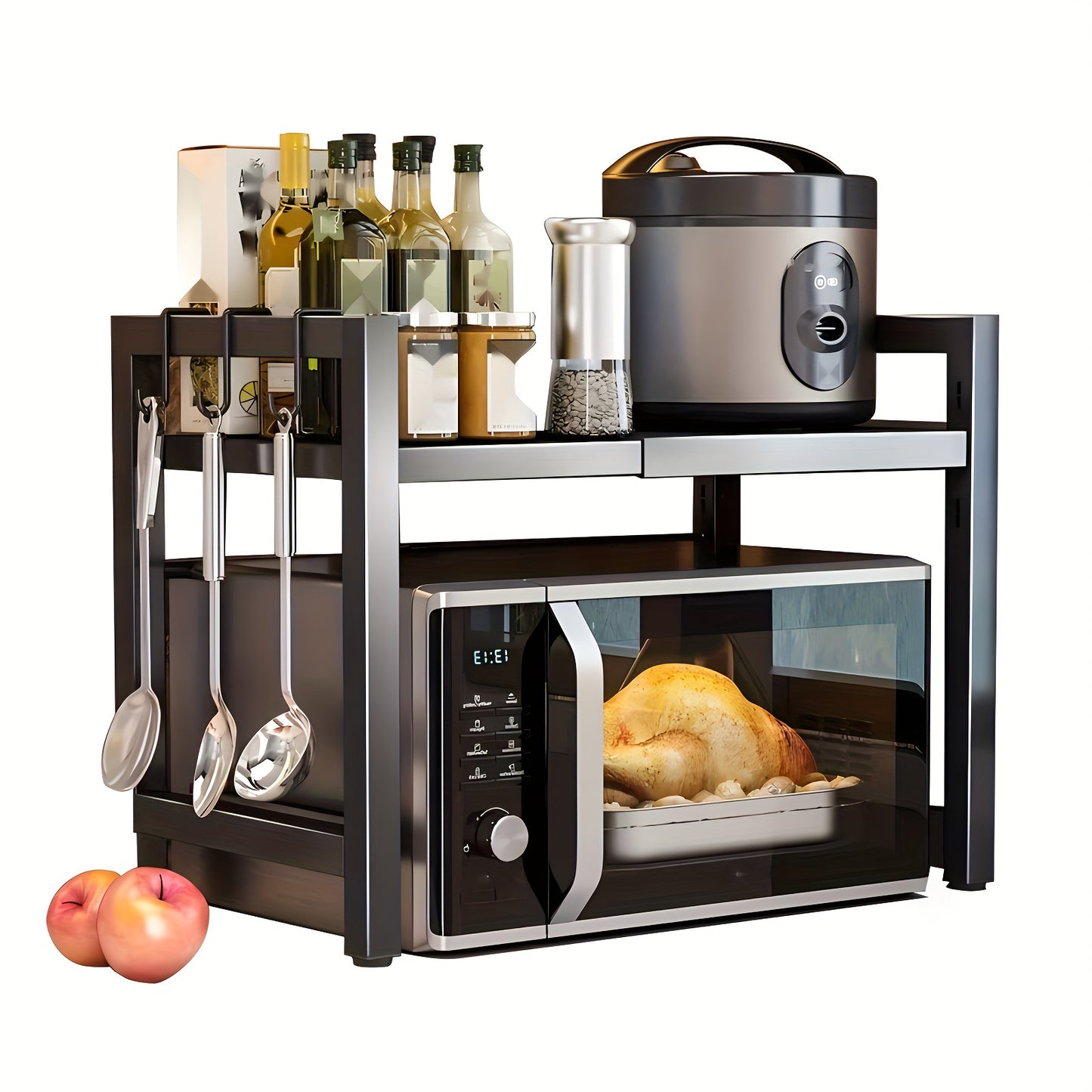 Expandable Over-The-Microwave Shelf, Heavy Duty Carbon Steel Kitchen Storage Rack with 6 Hooks, Sturdy Countertop Organizer for Microwave Oven, Utensils, Spices