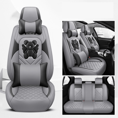 Universal Fit PU Leather Car Seat Covers Set, Cartoon Design, Full Wrap, Non-Washable for Vehicle, All-Season, No Filler - 5 Seats Deluxe Edition
