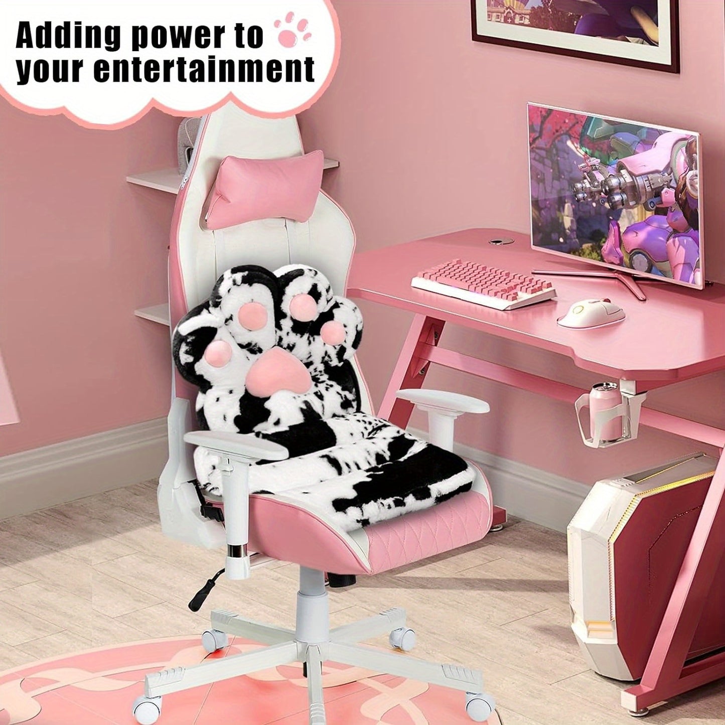 L-Shape Cat Paw Cushion - Soft Milk Velour Plush Chair Pillow with Faux Rabbit Fur, Cute Kawaii Gaming & Office Seat Cushion for Gamer Girls, Comfy Floor Seat for Room Decor, 100% Polyester, Dry Clean Only