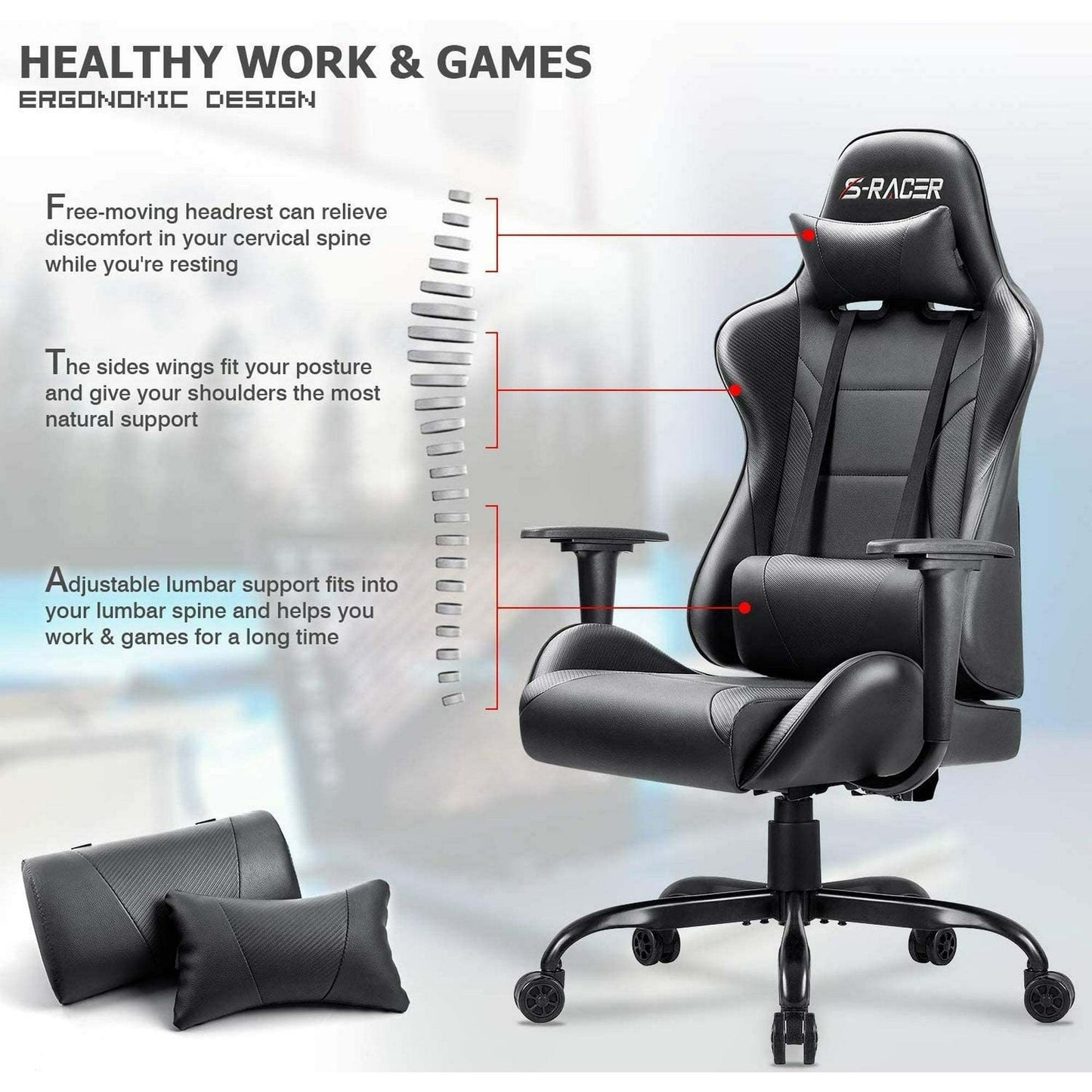 Gaming Chair Office Chair High Back Racing Computer Chair PU Leather Adjustable Seat Height Swivel Chair Ergonomic Executive Chair with Headrest