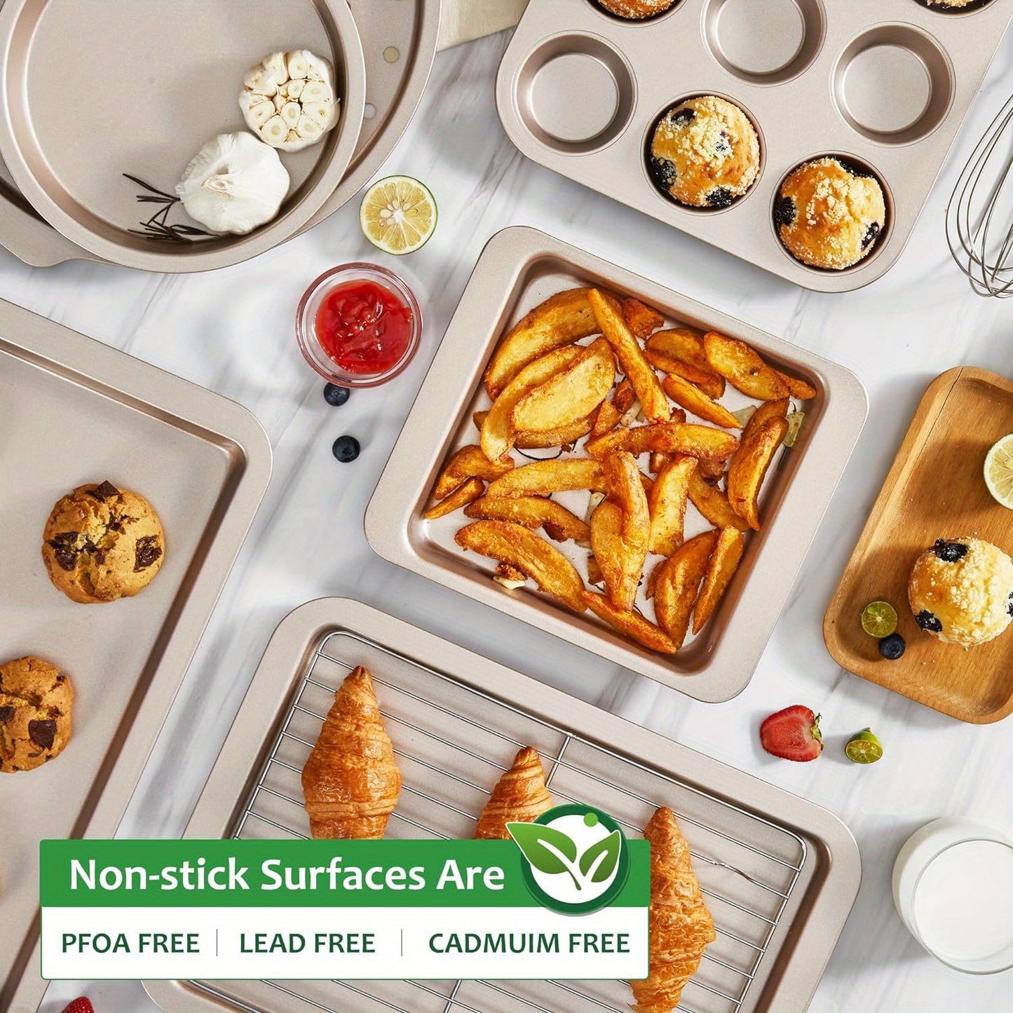HONGBAKE Bakeware Sets, Baking Pans Set, Nonstick Oven Pan For Kitchen With Wider Grips, 10-Piece Including Rack, Cookie Sheet, Cake Pans, Loaf Pan, Muffin Pan, Pizza Pan