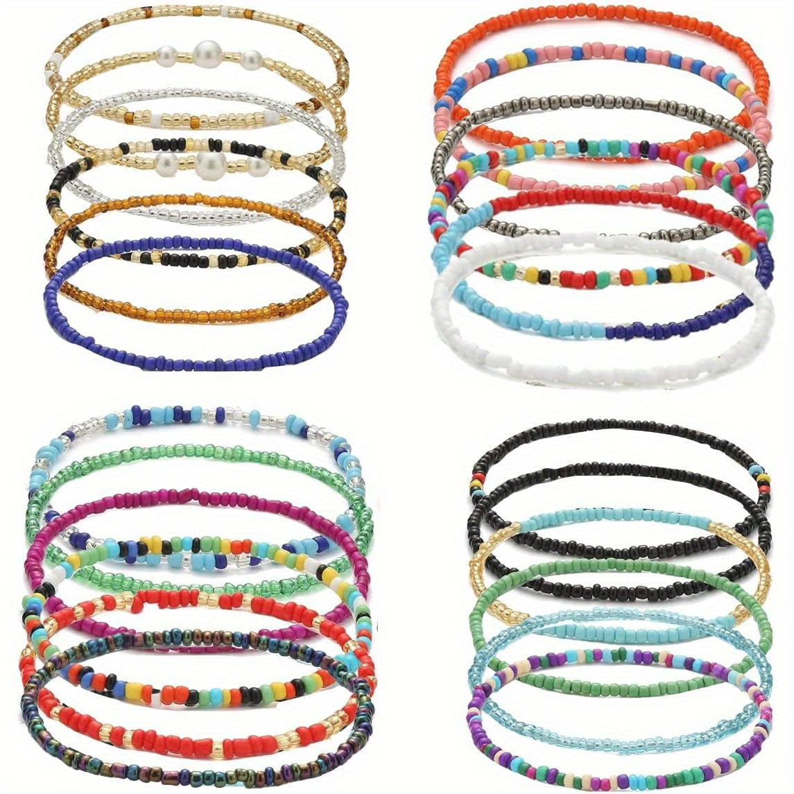 24PCS Boho Beaded Anklet for Women Elastic Anklets Colorful Beaded Ankle Bracelet Handmade Adjustable Elastic Anklets African Anklets Beach Bead Anklet Boho Style Bead Anklet for Girls