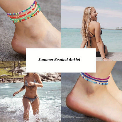 24PCS Boho Beaded Anklet for Women Elastic Anklets Colorful Beaded Ankle Bracelet Handmade Adjustable Elastic Anklets African Anklets Beach Bead Anklet Boho Style Bead Anklet for Girls