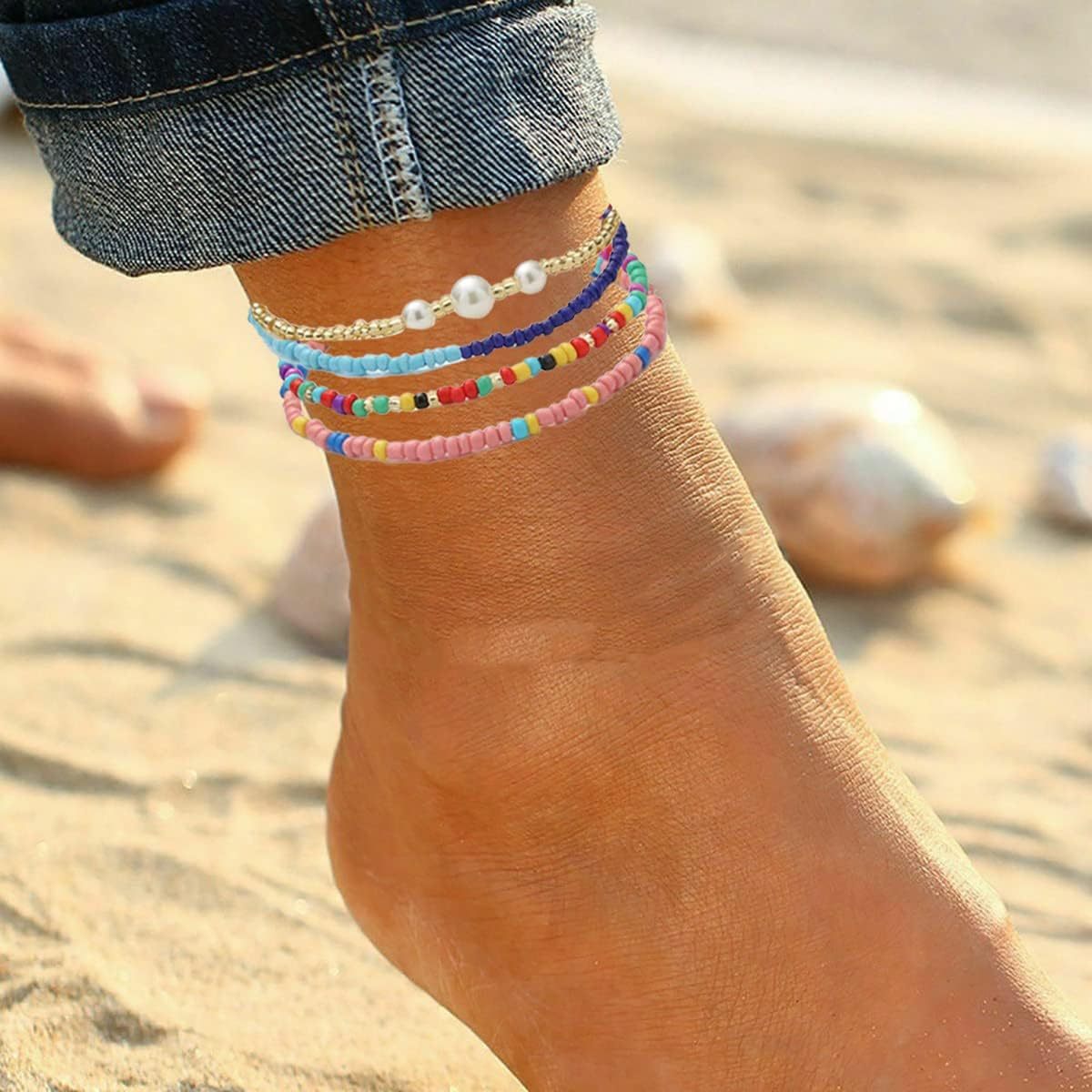 24PCS Boho Beaded Anklet for Women Elastic Anklets Colorful Beaded Ankle Bracelet Handmade Adjustable Elastic Anklets African Anklets Beach Bead Anklet Boho Style Bead Anklet for Girls