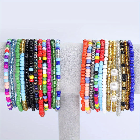 24PCS Boho Beaded Anklet for Women Elastic Anklets Colorful Beaded Ankle Bracelet Handmade Adjustable Elastic Anklets African Anklets Beach Bead Anklet Boho Style Bead Anklet for Girls