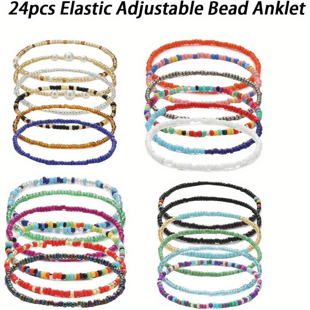 24PCS Boho Beaded Anklet for Women Elastic Anklets Colorful Beaded Ankle Bracelet Handmade Adjustable Elastic Anklets African Anklets Beach Bead Anklet Boho Style Bead Anklet for Girls