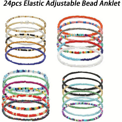 24PCS Boho Beaded Anklet for Women Elastic Anklets Colorful Beaded Ankle Bracelet Handmade Adjustable Elastic Anklets African Anklets Beach Bead Anklet Boho Style Bead Anklet for Girls