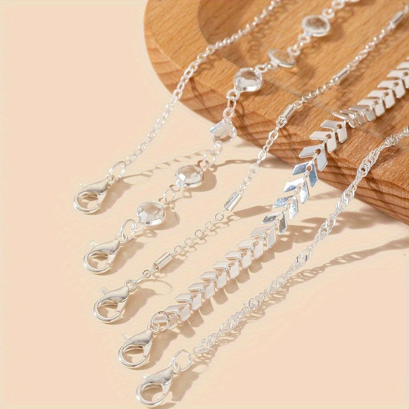 5-Piece Cubic Zirconia Minimalist Fashion Beach Party Anklets with Beautiful Accents, Stylish Vacation & Simple Design Foot Jewelry, Creative Gift for Women