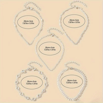 5-Piece Cubic Zirconia Minimalist Fashion Beach Party Anklets with Beautiful Accents, Stylish Vacation & Simple Design Foot Jewelry, Creative Gift for Women