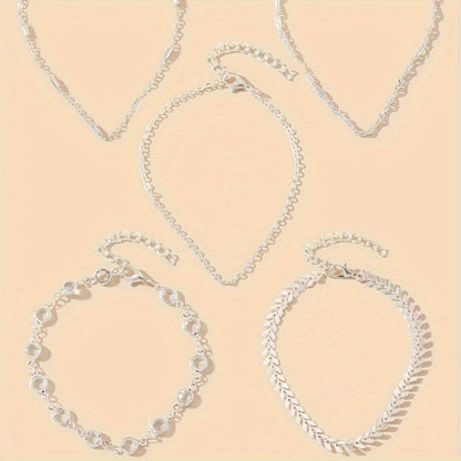 5-Piece Cubic Zirconia Minimalist Fashion Beach Party Anklets with Beautiful Accents, Stylish Vacation & Simple Design Foot Jewelry, Creative Gift for Women