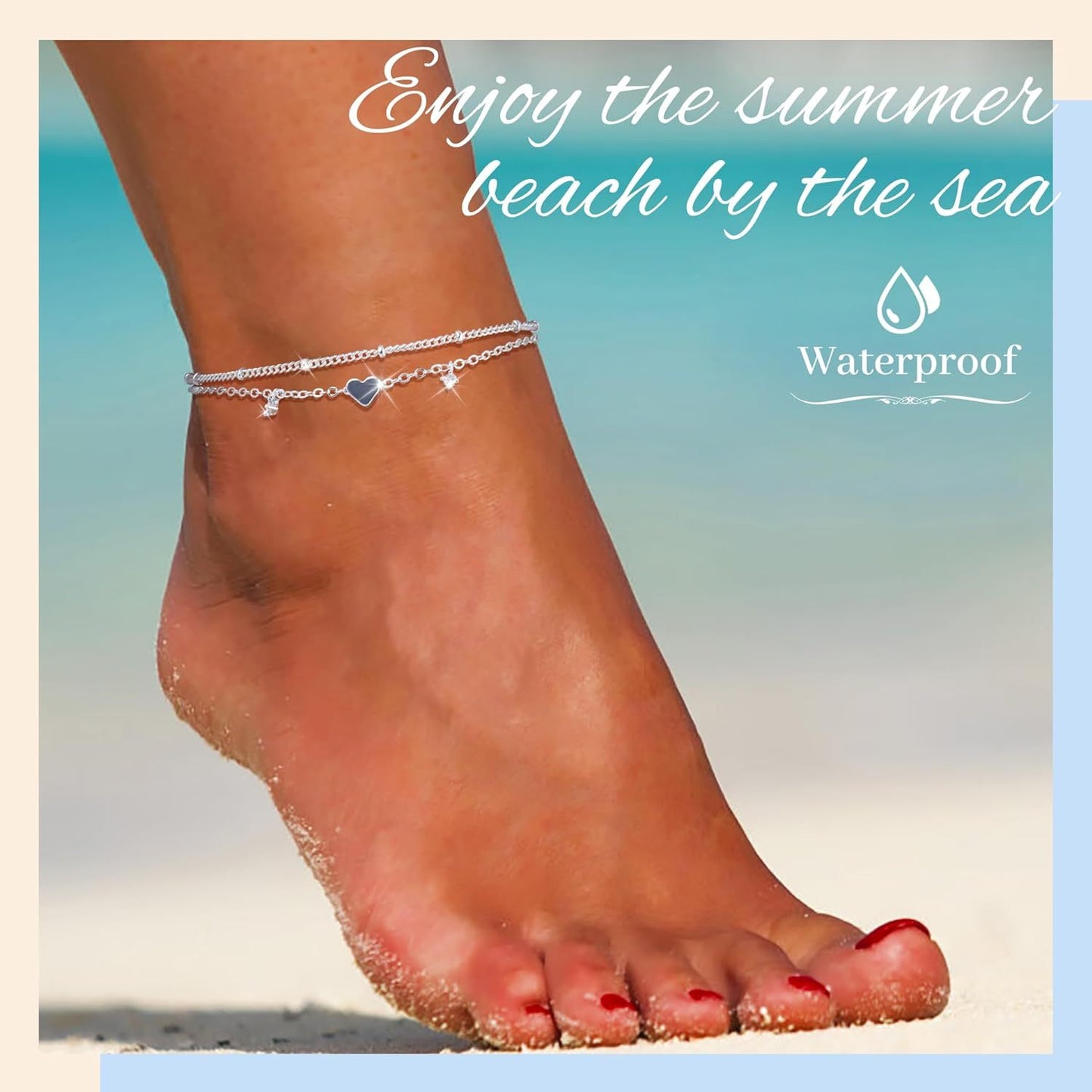 Sterling Silver Anklet Bracelets for Women Waterproof, 925 Sliver Plated CZ &amp; Heart Charm Dainty Layer Anklets for Women Trendy, Simple Chain Anklets Set Gifts for Teen Girl, Jewelry Gifts for Her Women Mom Wife Girlfrien