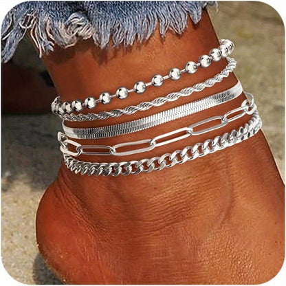 Sterling Silver Anklet Bracelets for Women Waterproof, 925 Sliver Plated CZ &amp; Heart Charm Dainty Layer Anklets for Women Trendy, Simple Chain Anklets Set Gifts for Teen Girl, Jewelry Gifts for Her Women Mom Wife Girlfrien
