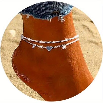 Sterling Silver Anklet Bracelets for Women Waterproof, 925 Sliver Plated CZ &amp; Heart Charm Dainty Layer Anklets for Women Trendy, Simple Chain Anklets Set Gifts for Teen Girl, Jewelry Gifts for Her Women Mom Wife Girlfrien