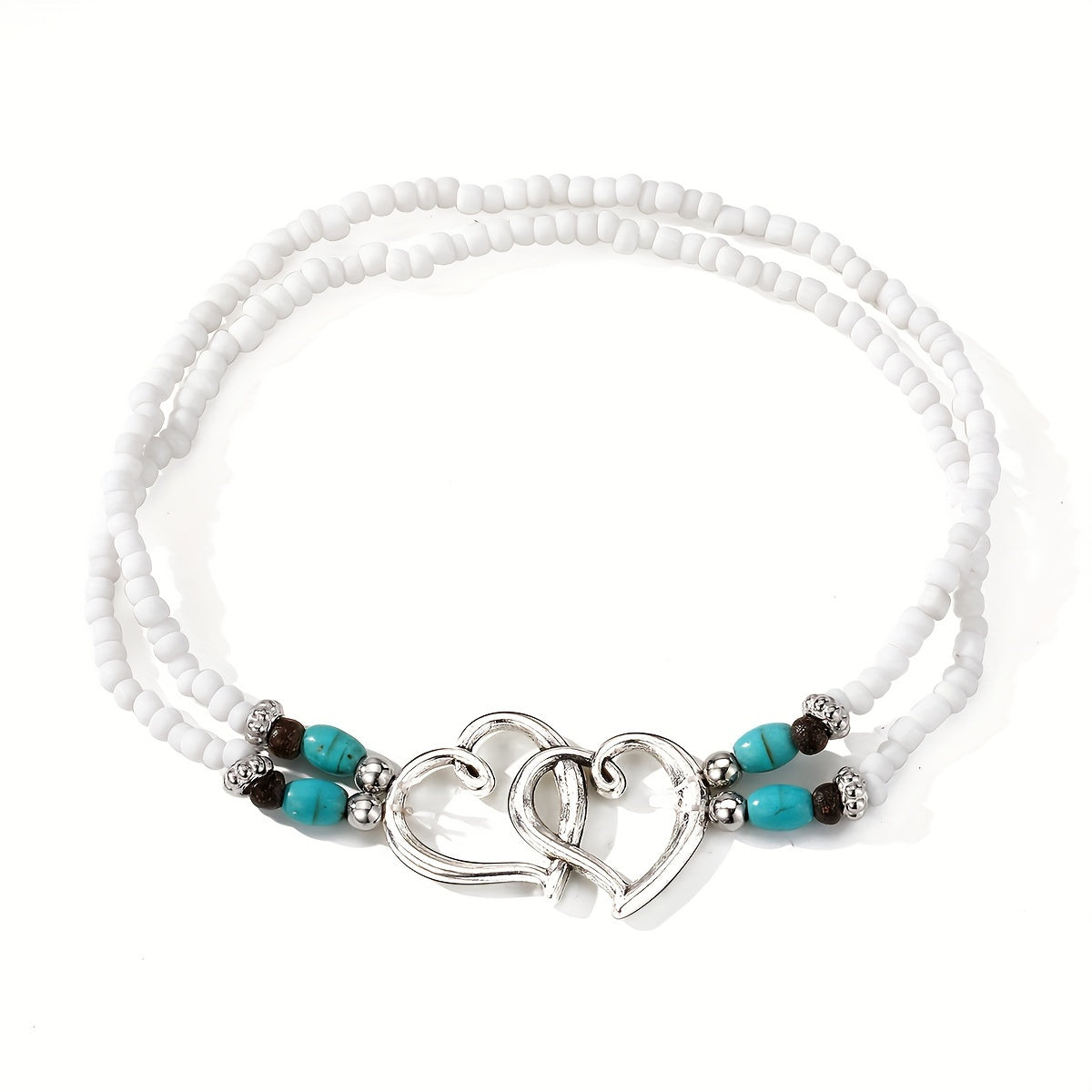 3 Pcs Shimmering Heartfelt Multicolor Beaded Anklet Set - Fashion Delicate Hollow Double Heart Design With Mini Seed Beads, Adjustable Elastic Boho Chic Anklets, Women Anklets, Surf Anklet, A Charm For Everyday Wear And Vacat