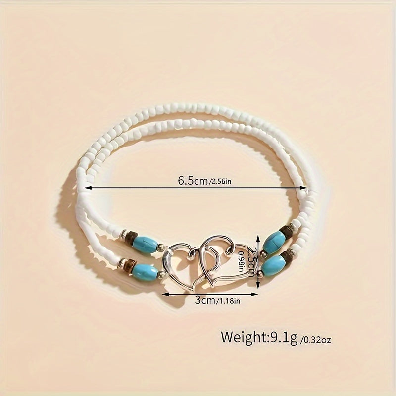 3 Pcs Shimmering Heartfelt Multicolor Beaded Anklet Set - Fashion Delicate Hollow Double Heart Design With Mini Seed Beads, Adjustable Elastic Boho Chic Anklets, Women Anklets, Surf Anklet, A Charm For Everyday Wear And Vacat